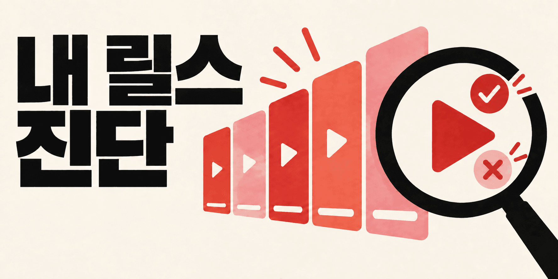 내 릴스 진단. 다섯 개의 릴스 프레임과 돋보기로 계정을 진단하는 레트로 포스터 배너